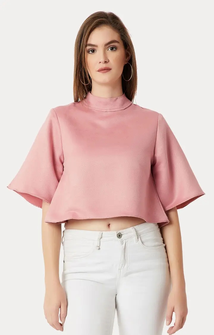 MISS CHASE | Women's Pink Polyester SolidCasualwear Crop Top