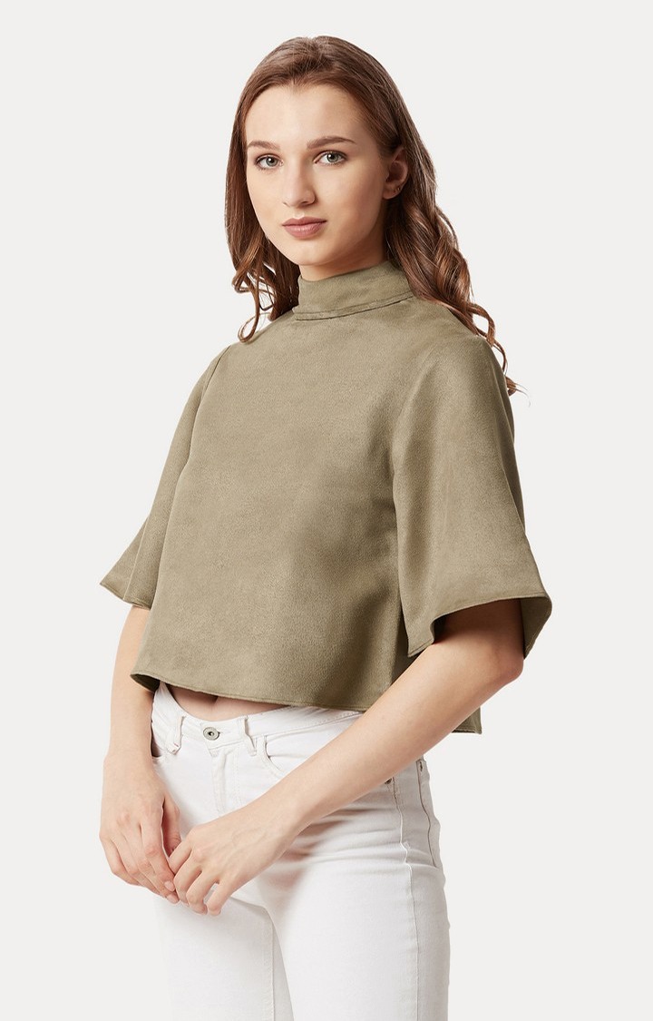 Women's Green Suede SolidCasualwear Crop Top