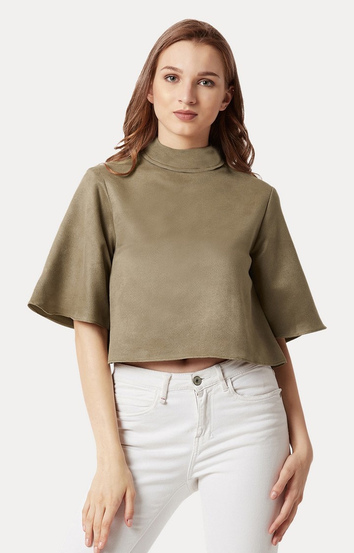 Women's Green Suede SolidCasualwear Crop Top