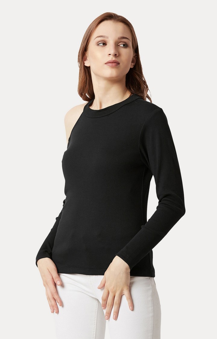 Women's Black Cotton SolidCasualwear Tops