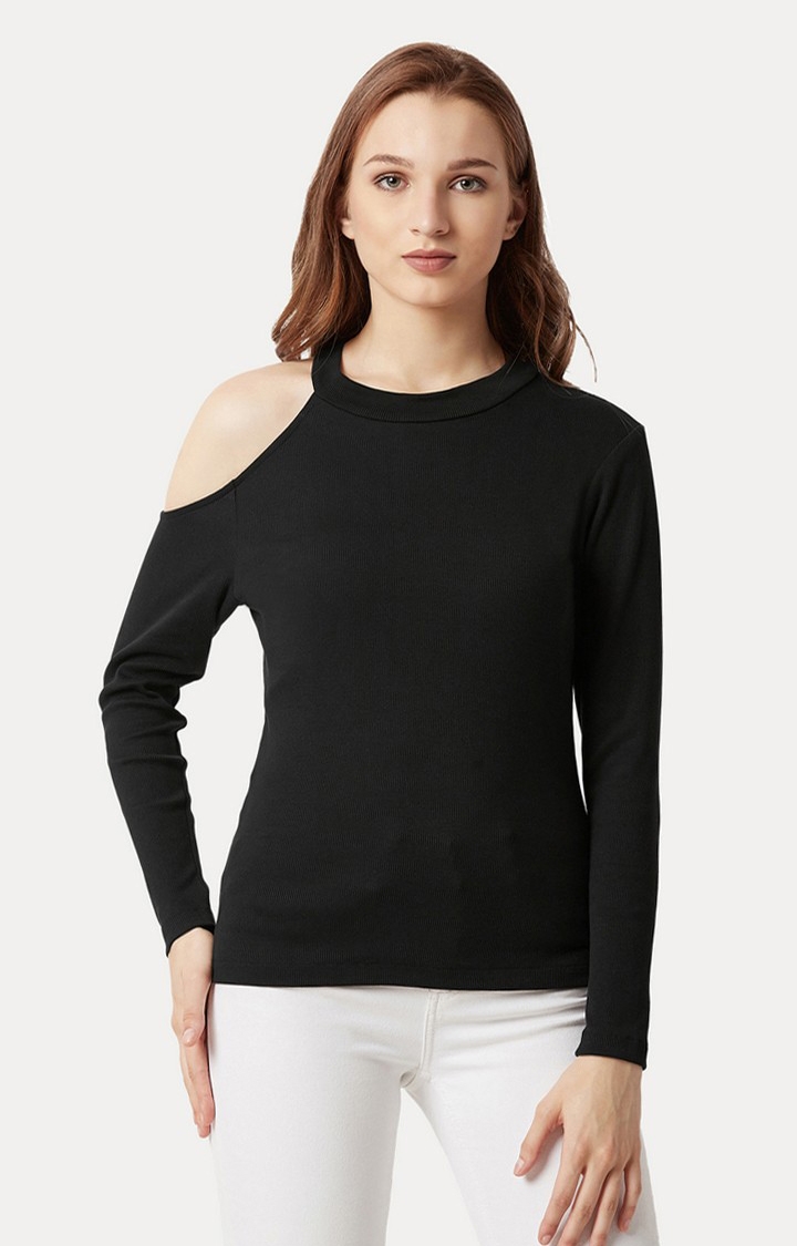 MISS CHASE | Women's Black Cotton SolidCasualwear Tops