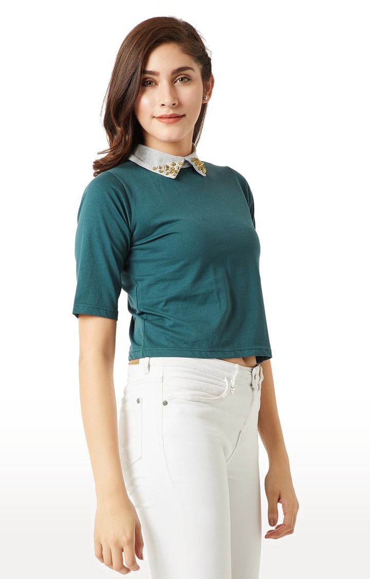 Women's Green Cotton SolidCasualwear Crop T-Shirts