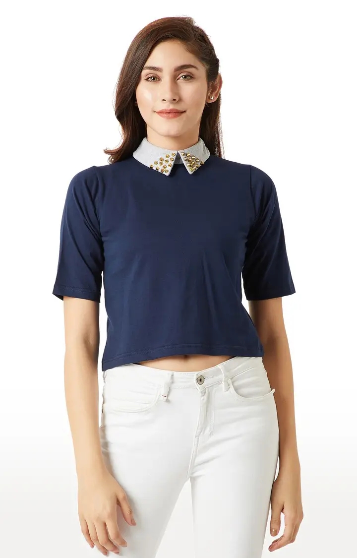 MISS CHASE | Women's Blue Solid Crop T-Shirt