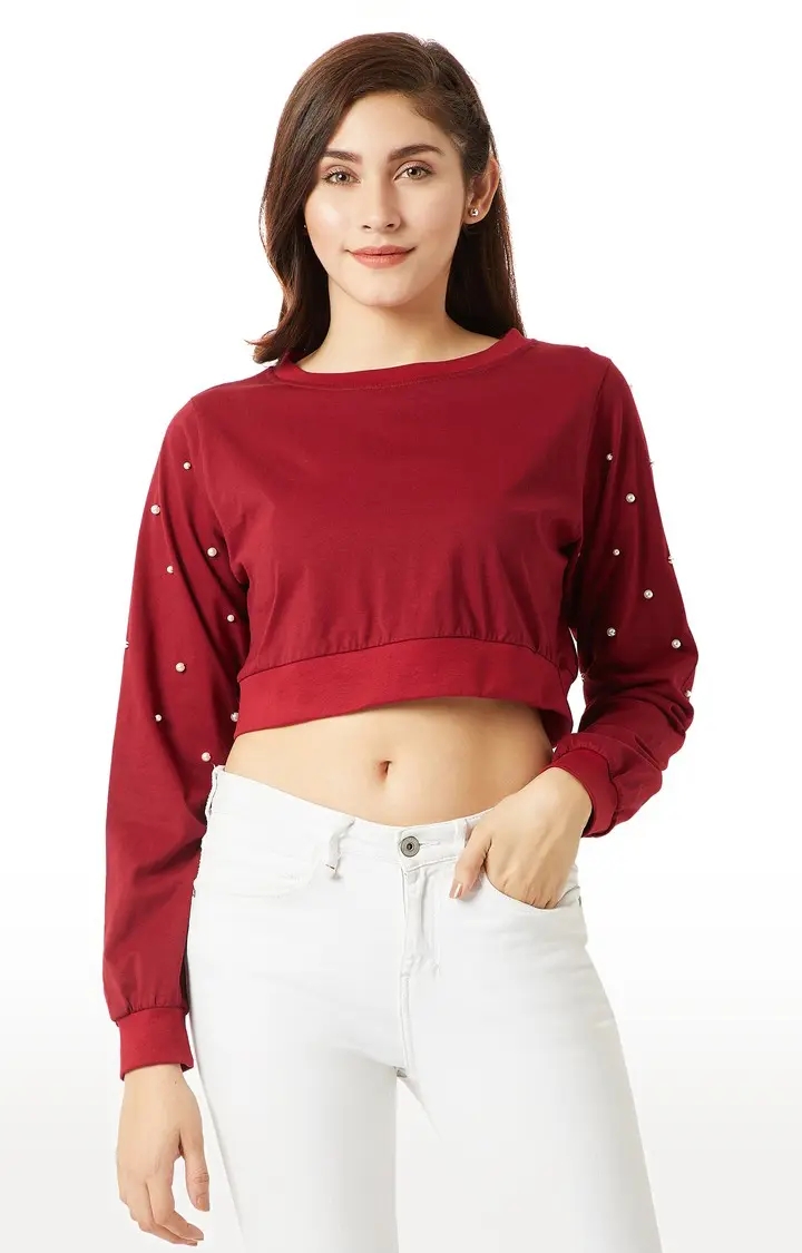 Women's Red Cotton SolidCasualwear Crop T-Shirts