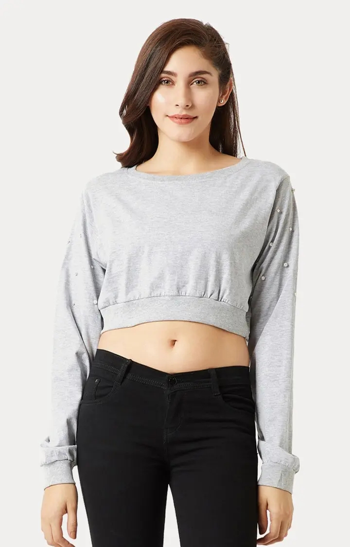 MISS CHASE | Women's Grey Solid Crop T-Shirt