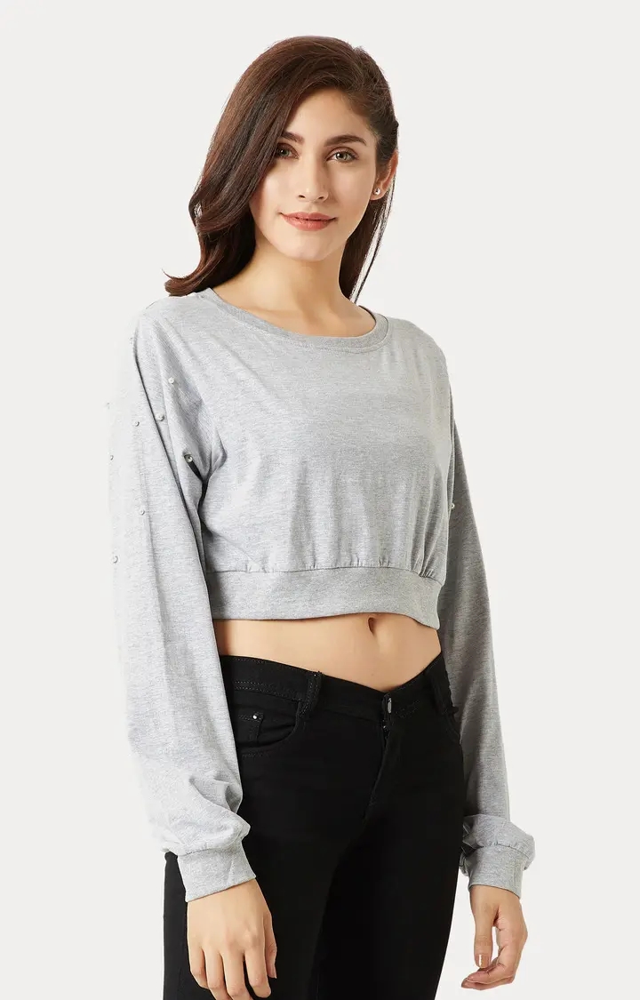 MISS CHASE | Women's Grey Solid Crop T-Shirt 2