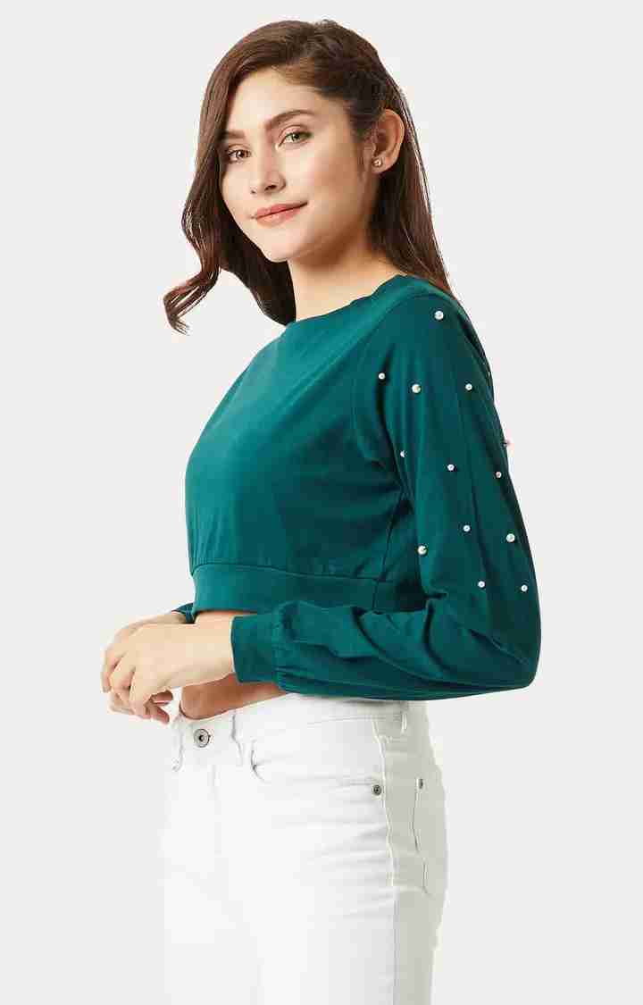 Women's Green Cotton SolidCasualwear Crop T-Shirts