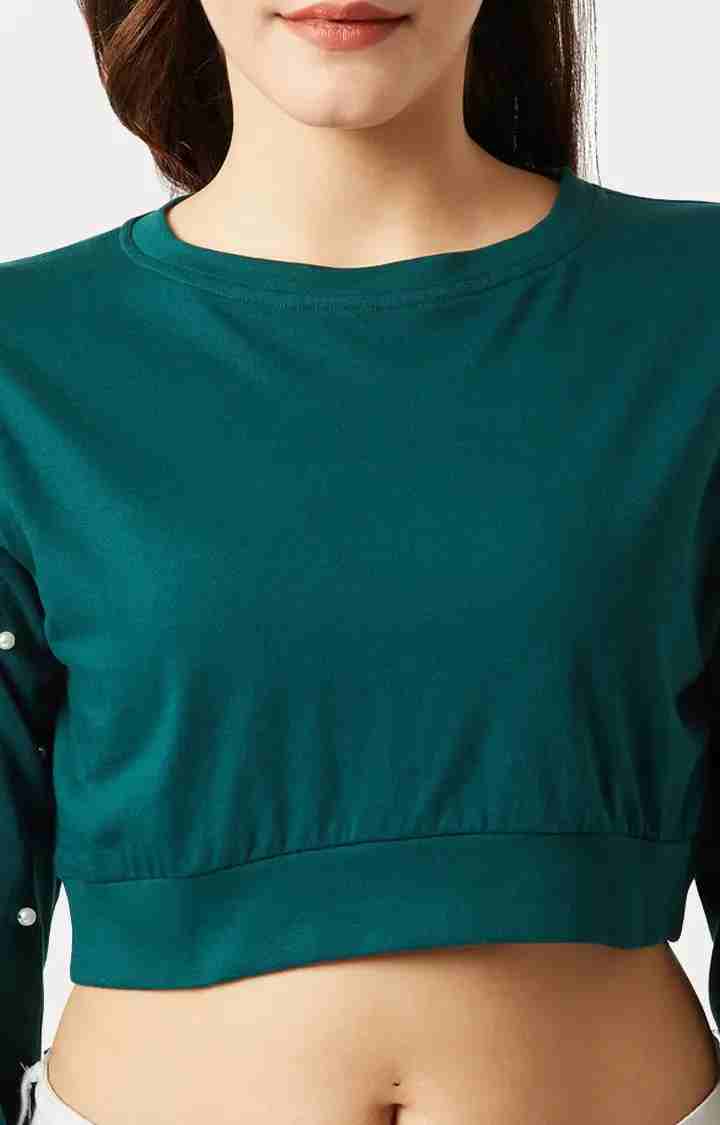 Women's Green Cotton SolidCasualwear Crop T-Shirts