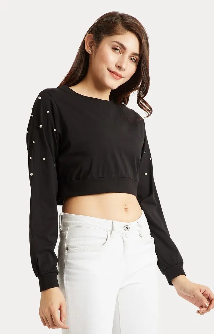 MISS CHASE | Women's Black Solid Crop T-Shirt 0