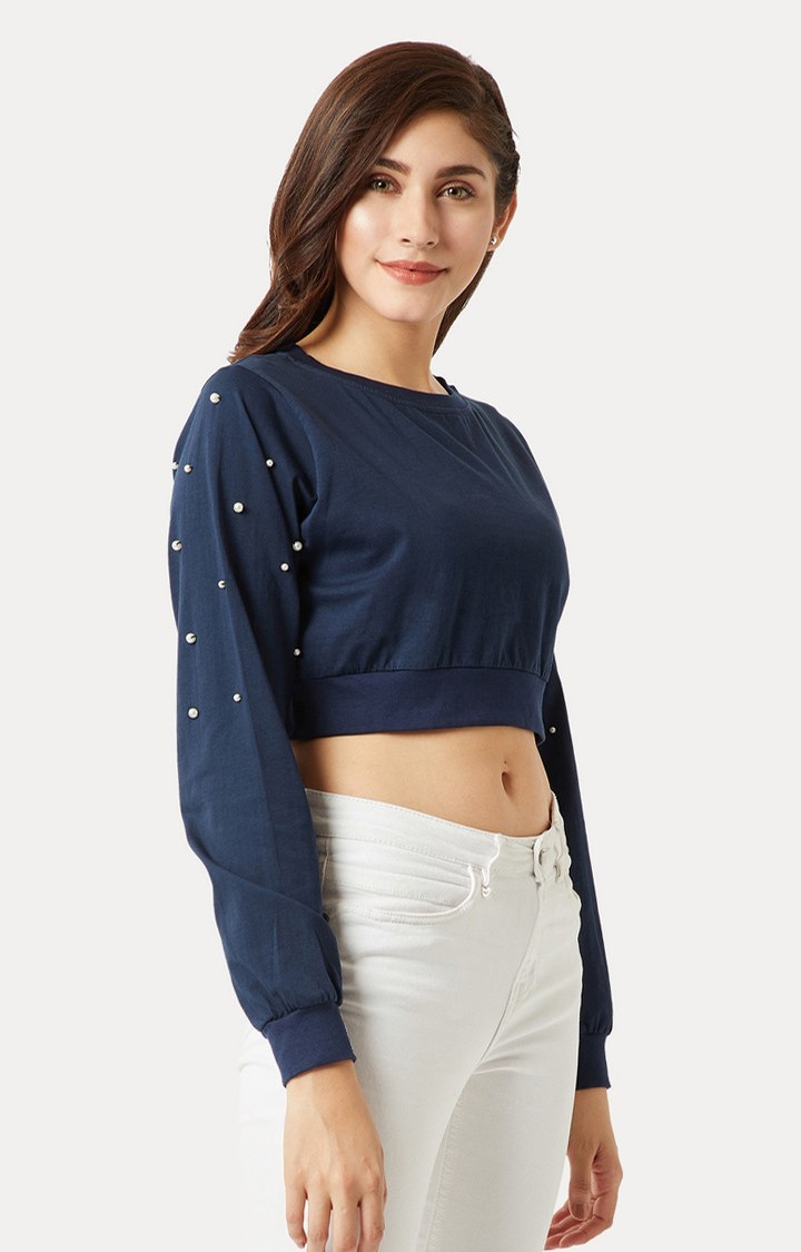 Women's Blue Cotton SolidCasualwear Crop T-Shirts