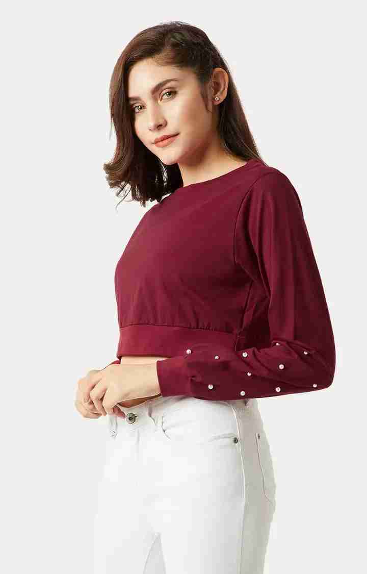 Women's Red Cotton SolidCasualwear Crop T-Shirts