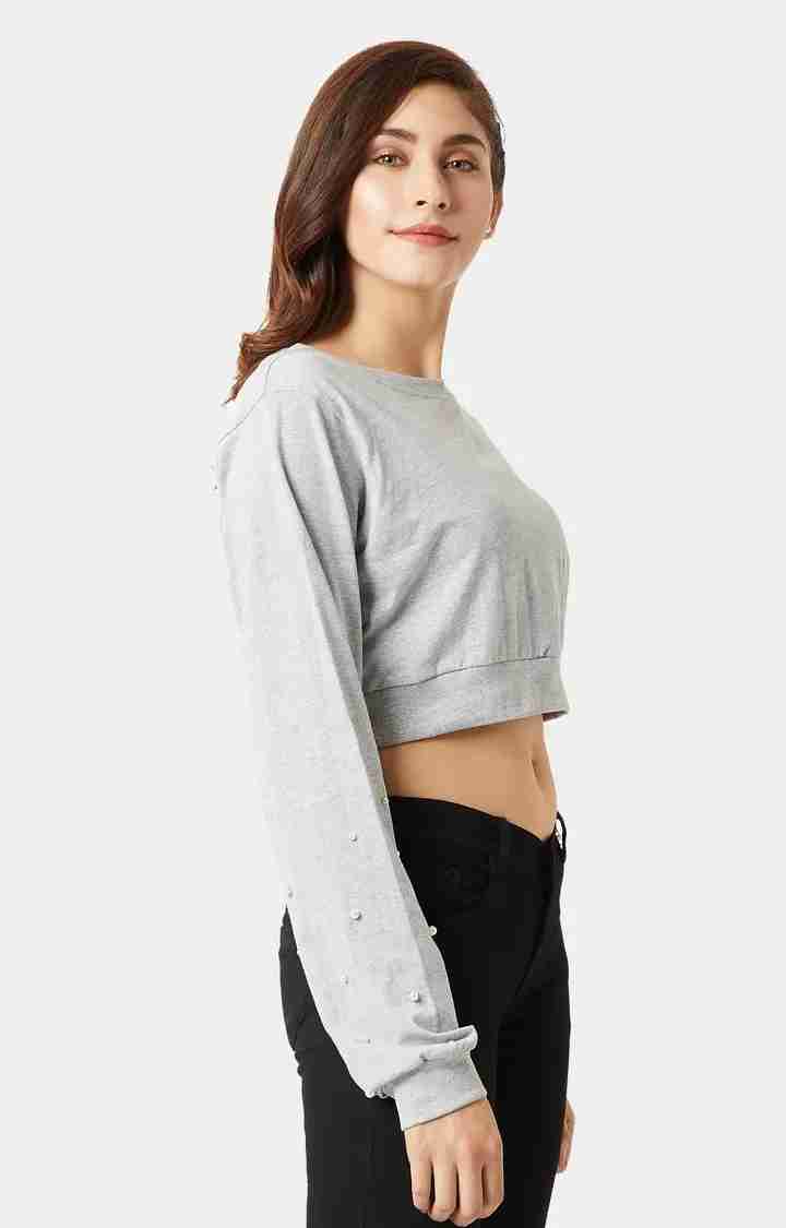 Women's Grey Cotton SolidCasualwear Crop T-Shirts