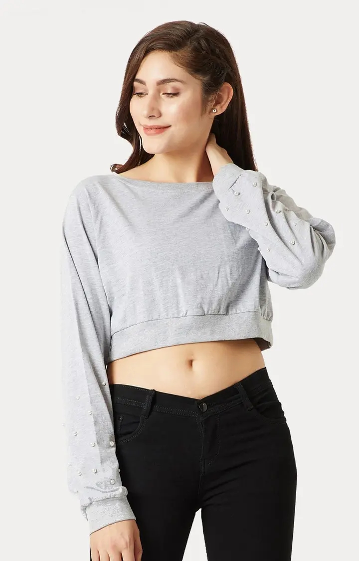 MISS CHASE | Women's Grey Cotton SolidCasualwear Crop T-Shirts