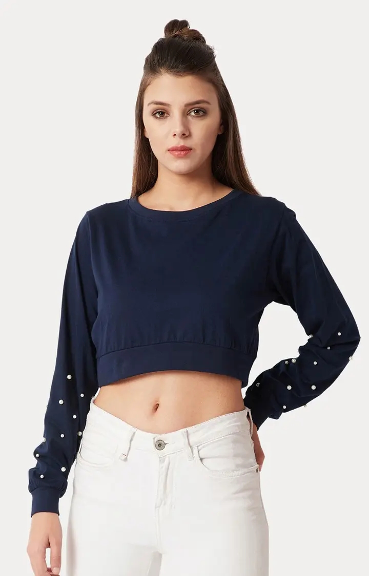 Women's Blue Solid Crop T-Shirt