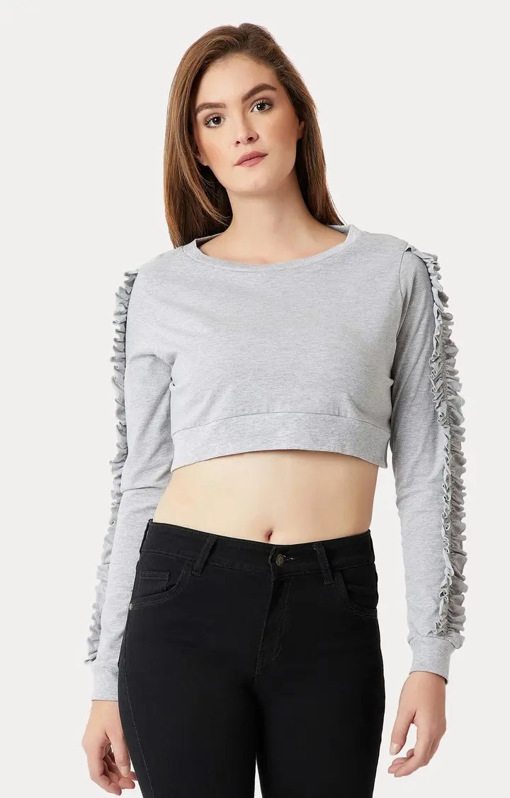 MISS CHASE | Women's Grey Cotton MelangeCasualwear Crop T-Shirts
