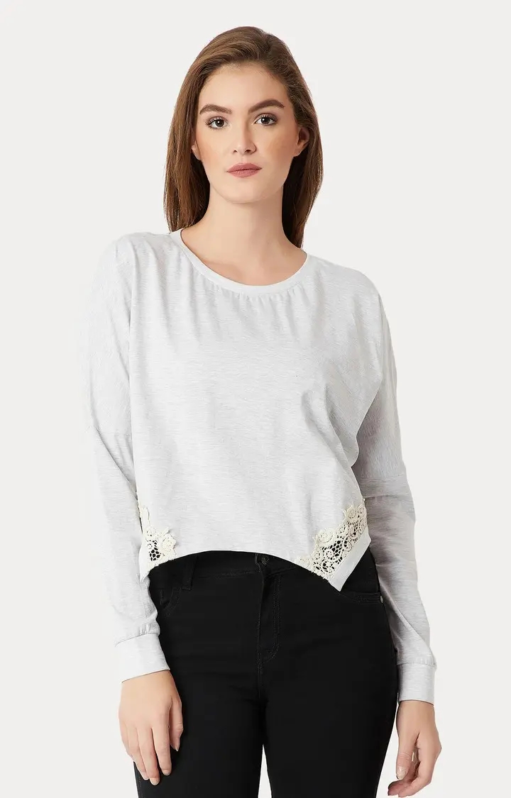 MISS CHASE | Women's Grey Cotton MelangeCasualwear Crop Top