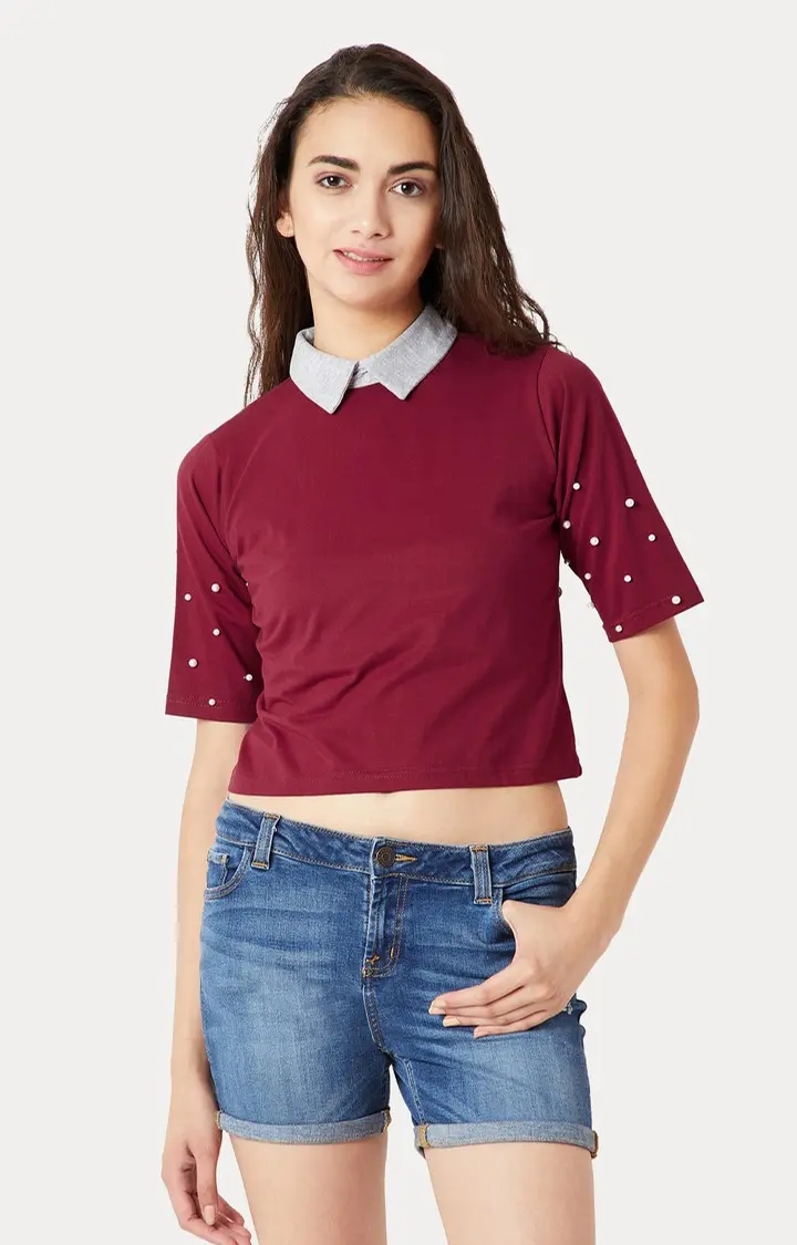MISS CHASE | Women's Red Cotton SolidCasualwear Crop T-Shirts