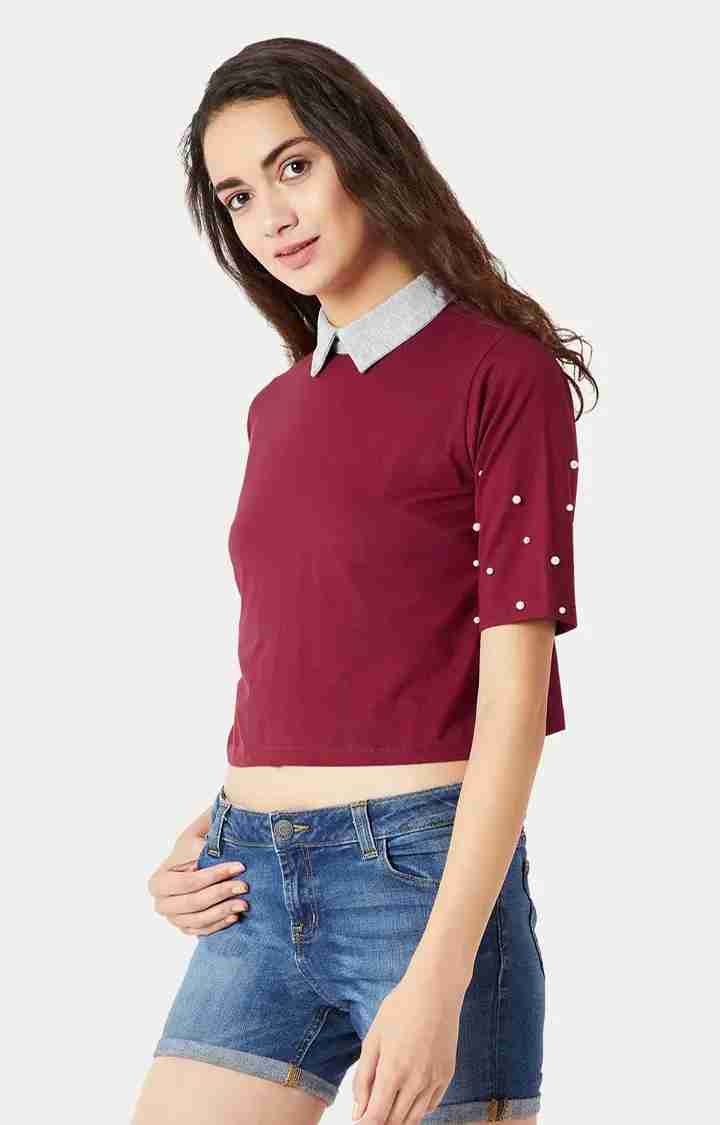 Women's Red Cotton SolidCasualwear Crop T-Shirts