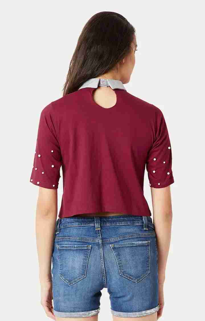 Women's Red Cotton SolidCasualwear Crop T-Shirts