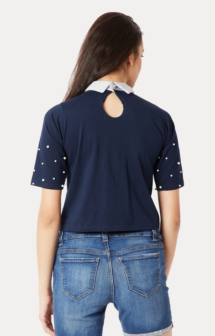 Women's Blue Cotton SolidCasualwear Crop T-Shirts