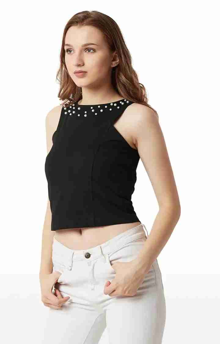 Women's Black Cotton SolidCasualwear Crop Top