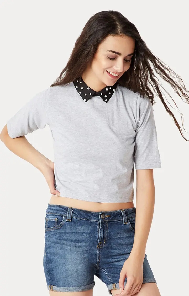 MISS CHASE | Women's Grey Melange Crop T-Shirt 0