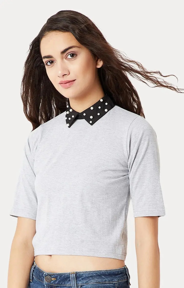 MISS CHASE | Women's Grey Melange Crop T-Shirt 2