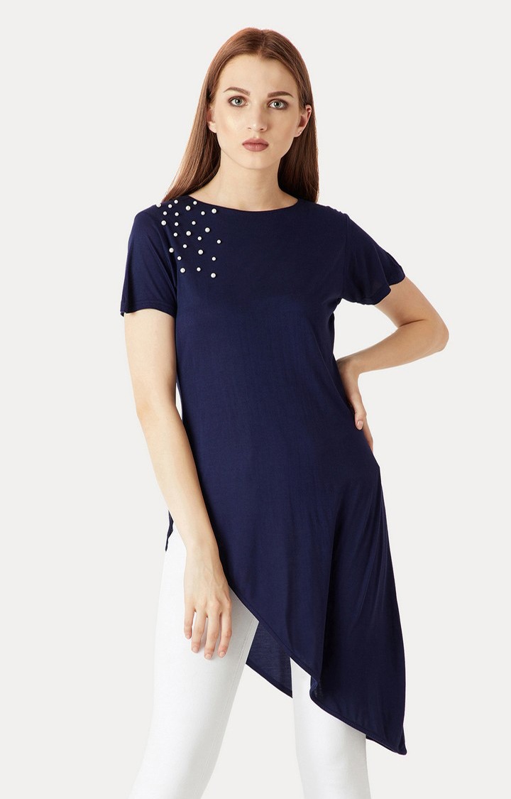 MISS CHASE | Women's Blue Viscose SolidCasualwear Maxi Top