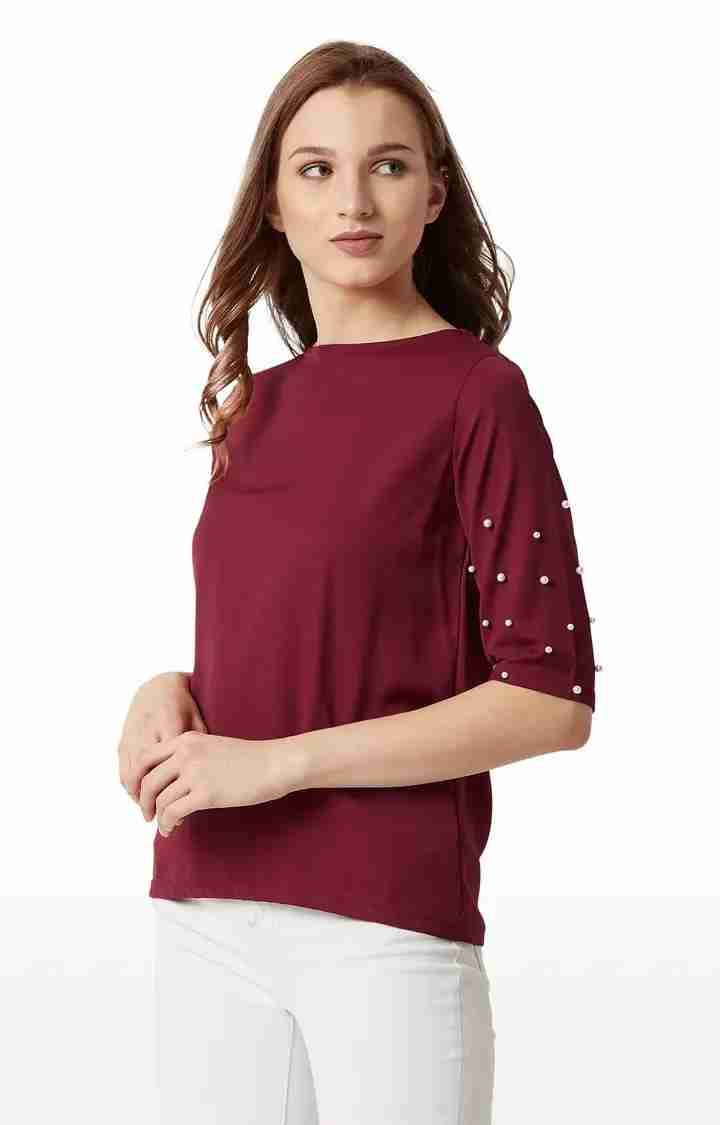 Women's Red Polyester SolidCasualwear Tops