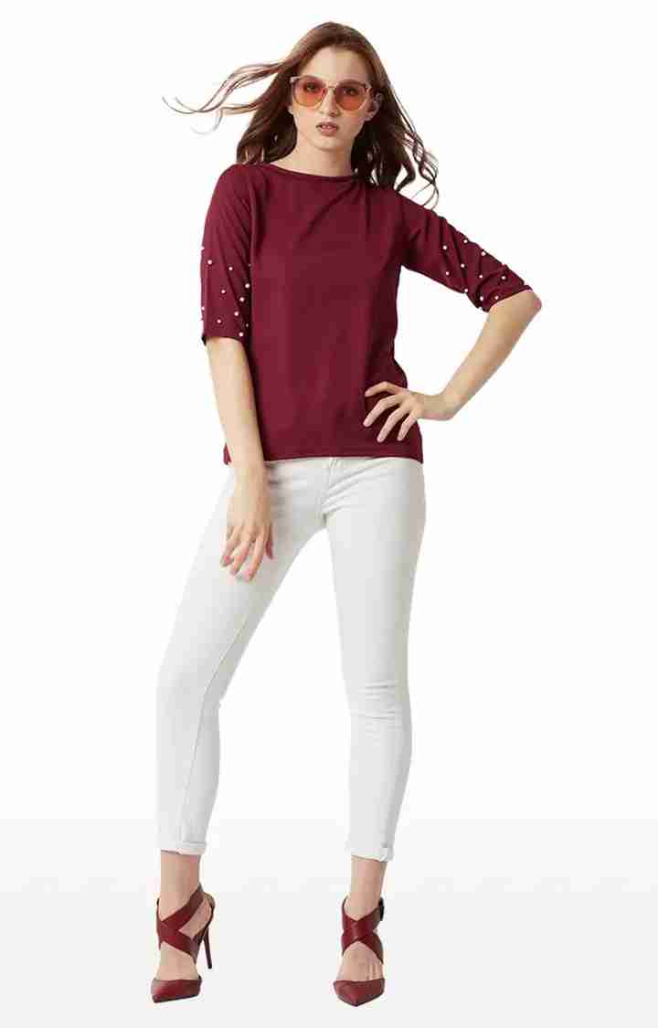 Women's Red Polyester SolidCasualwear Tops