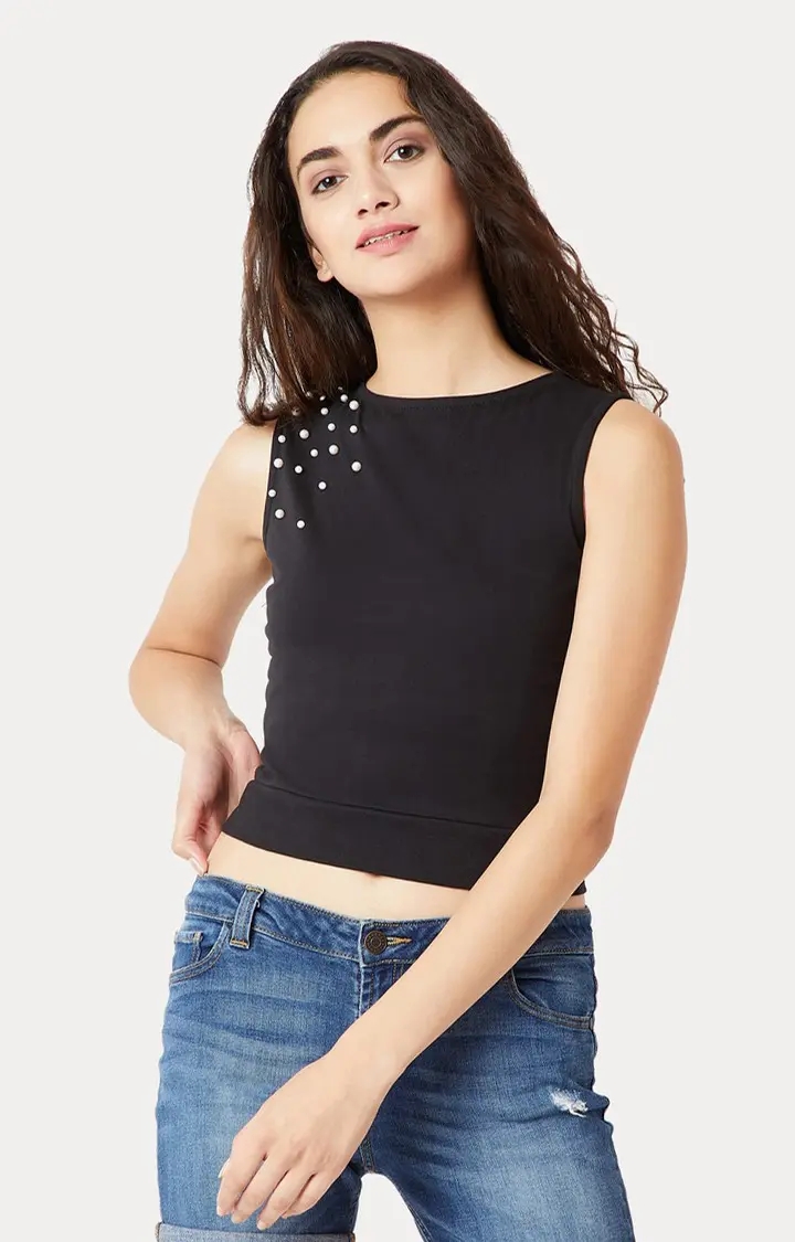 MISS CHASE | Women's Black Cotton SolidCasualwear Crop Top