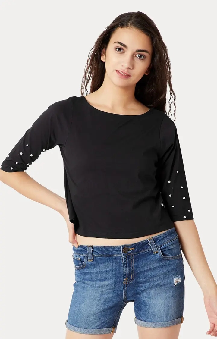MISS CHASE | Women's Black Cotton SolidCasualwear Crop T-Shirts