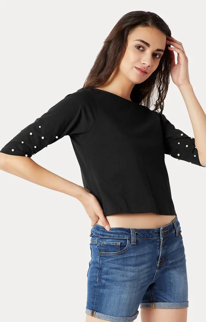 Women's Black Cotton SolidCasualwear Crop T-Shirts