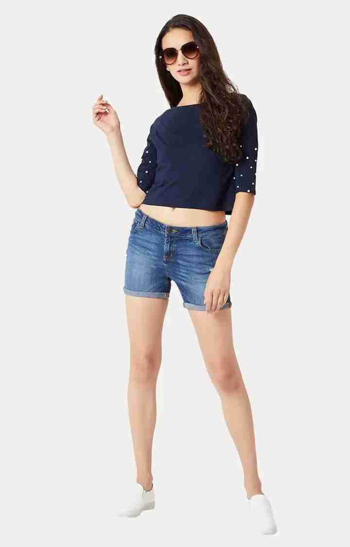 Women's Blue Cotton SolidCasualwear Crop T-Shirts