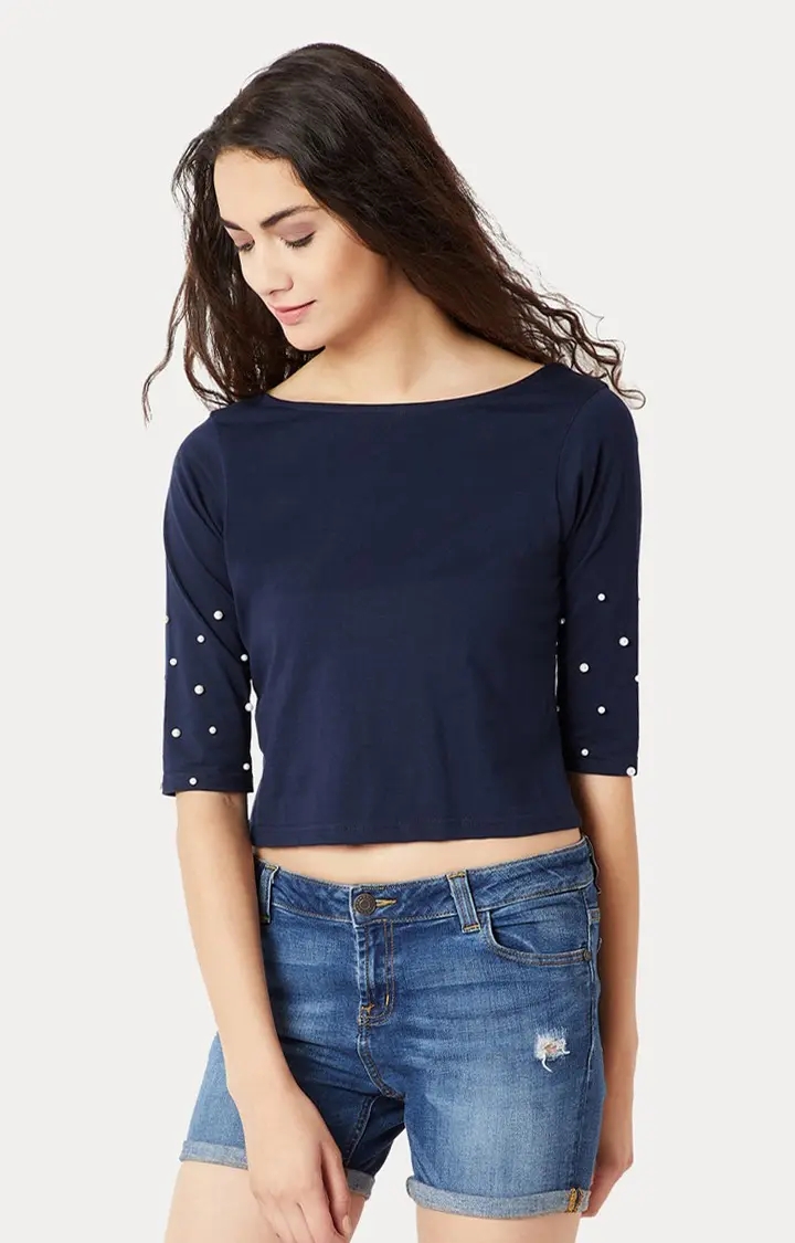 Women's Blue Solid Crop T-Shirt