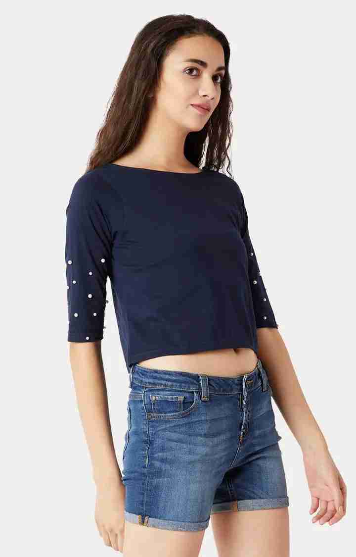 Women's Blue Cotton SolidCasualwear Crop T-Shirts