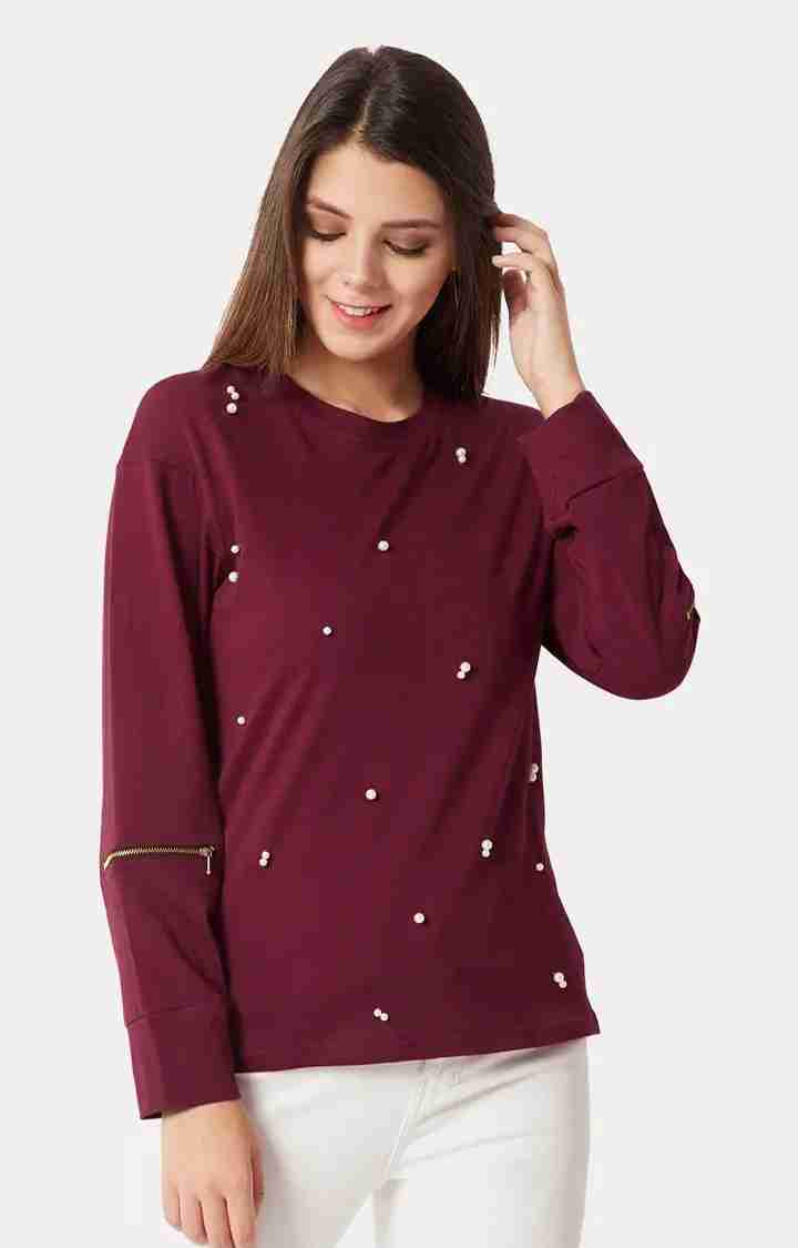 MISS CHASE | Women's Red Cotton SolidCasualwear Regular T-Shirts