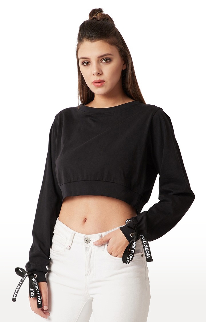 Women's Black Cotton SolidCasualwear Crop T-Shirts