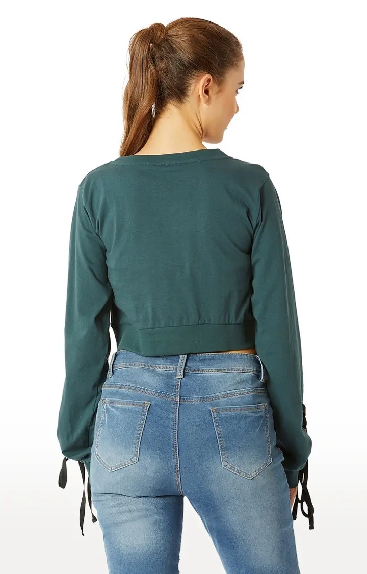 MISS CHASE | Women's Green Solid Crop T-Shirt 3