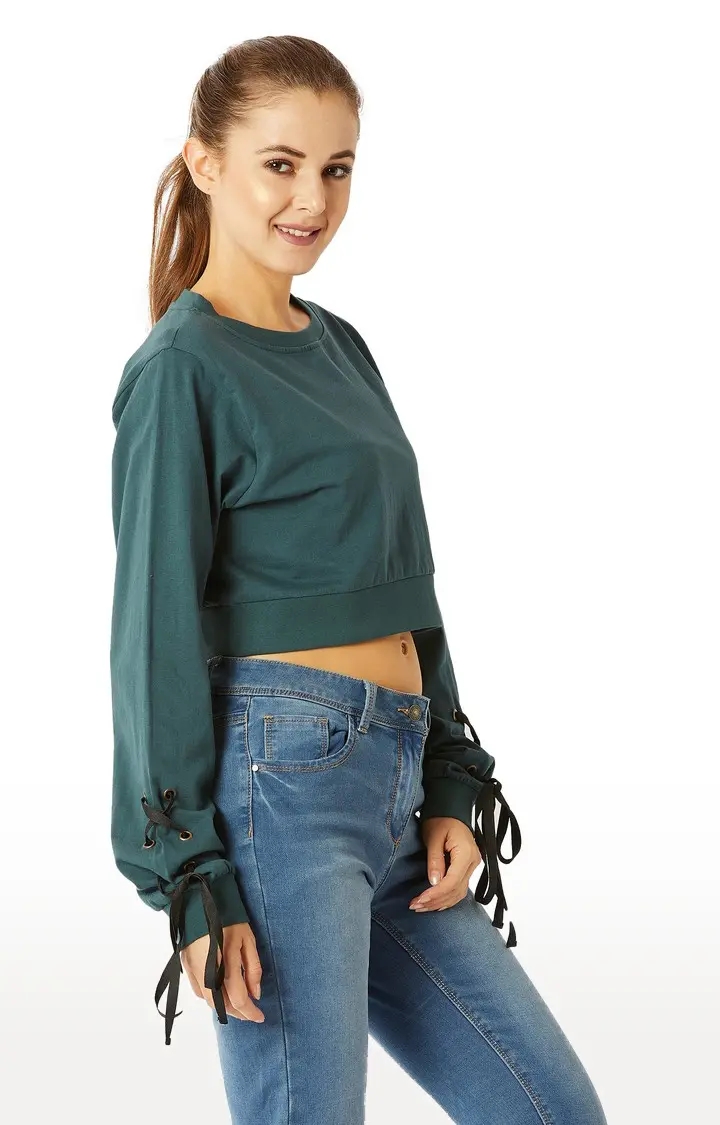 MISS CHASE | Women's Green Solid Crop T-Shirt 2