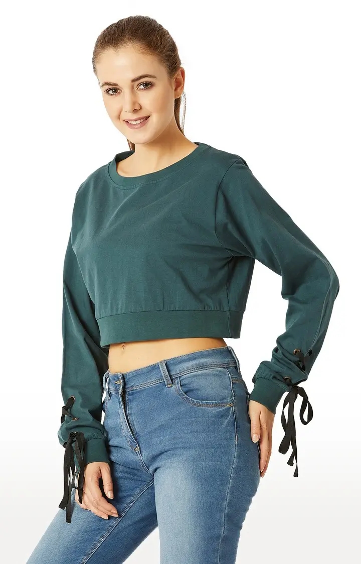 MISS CHASE | Women's Green Solid Crop T-Shirt 0