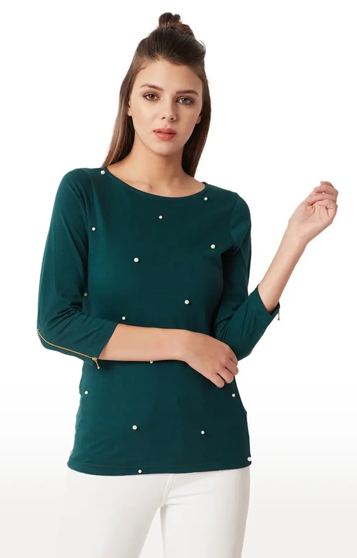 MISS CHASE | Women's Green Cotton SolidCasualwear Tops