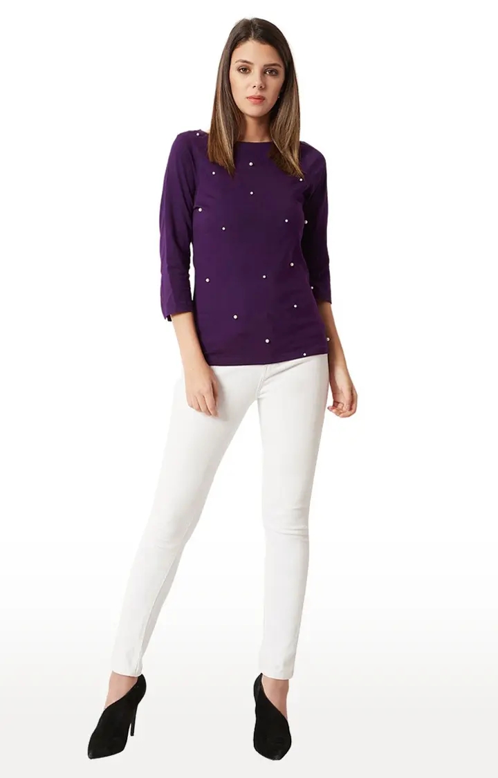 Women's Purple Cotton SolidCasualwear Tops