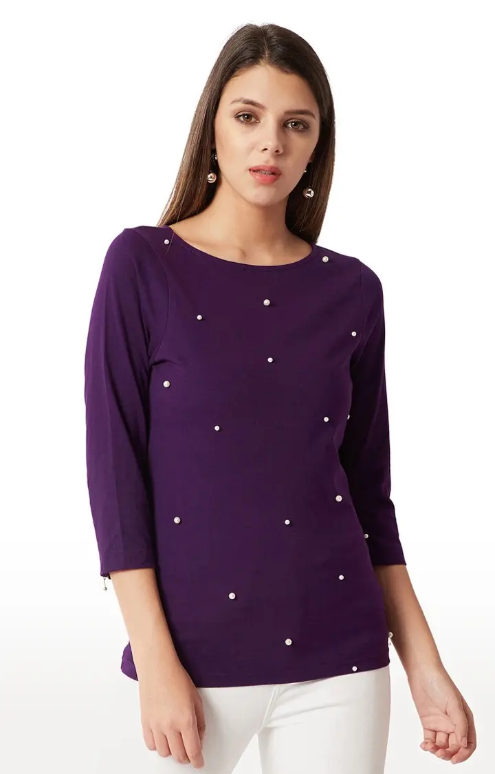 MISS CHASE | Women's Purple Cotton SolidCasualwear Tops