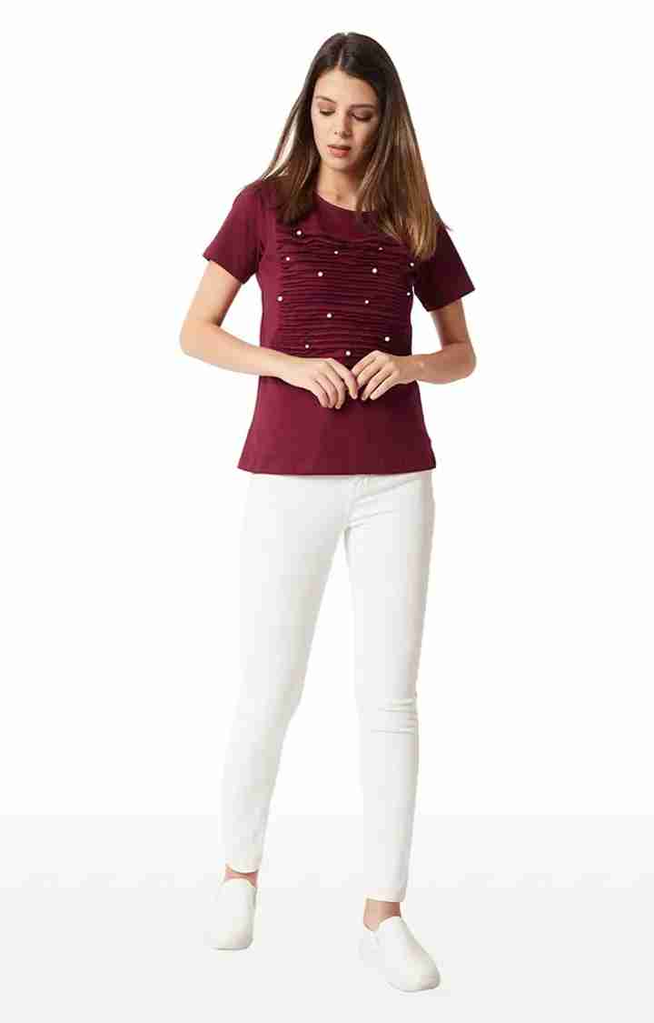 Women's Red Cotton SolidCasualwear Tops