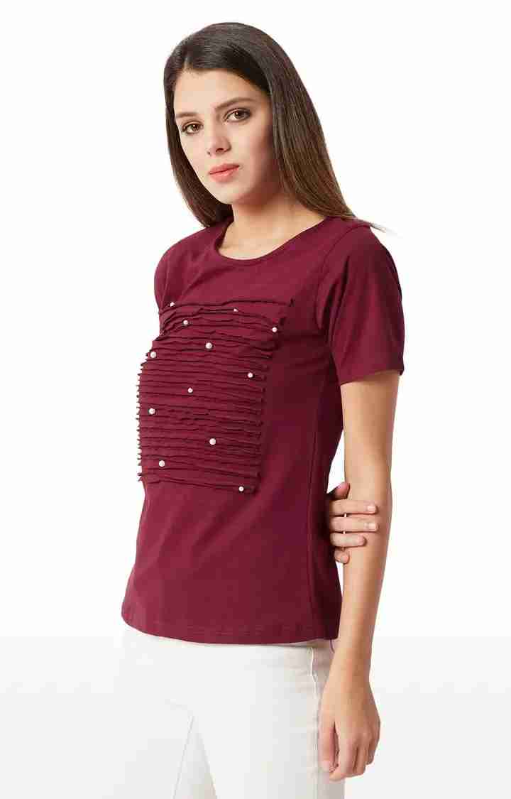 Women's Red Cotton SolidCasualwear Tops