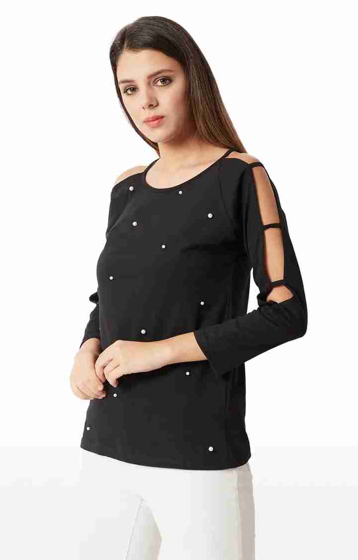 Women's Black Cotton SolidCasualwear Tops