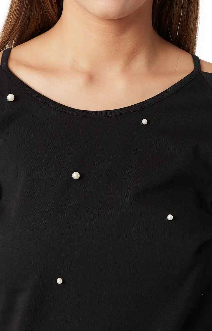 Women's Black Cotton SolidCasualwear Tops