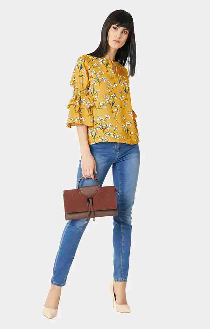 Women's Yellow Crepe PrintedCasualwear Tops