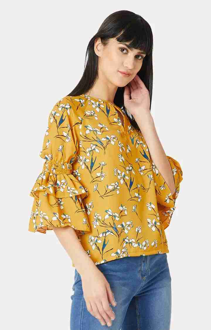 Women's Yellow Crepe PrintedCasualwear Tops